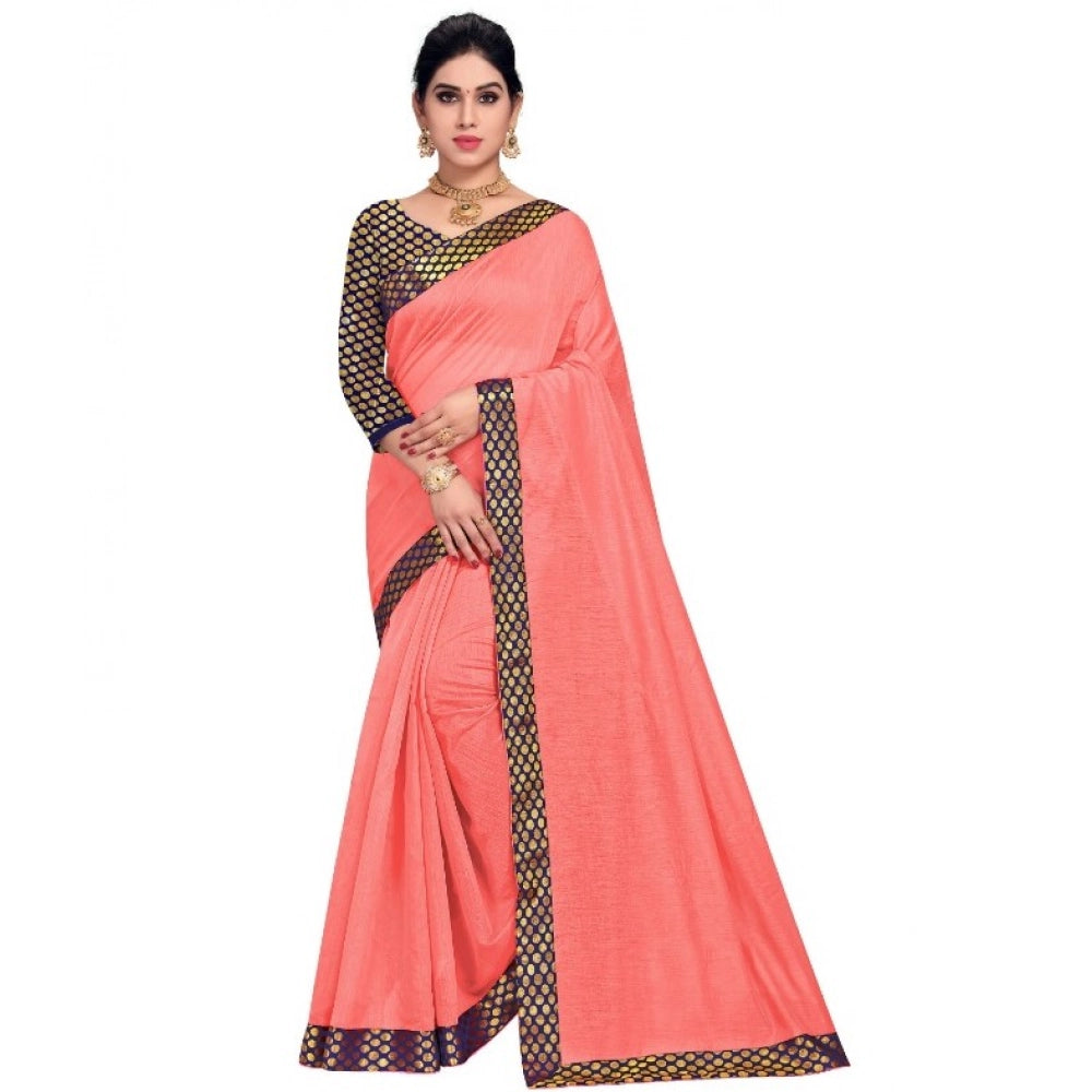 Generic Women's Chanderi Cotton Lace Border Saree With Blouse (Peach, 5-6 Mtrs) Main image