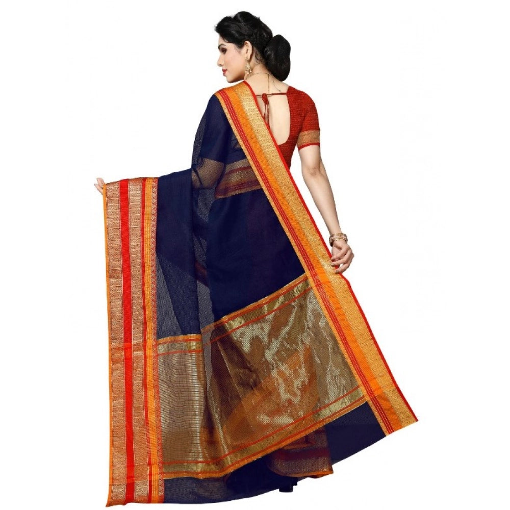 Generic Women's Kota Doria Cotton Border Saree With Blouse (Navy Blue, 5-6 Mtrs) Secondary image