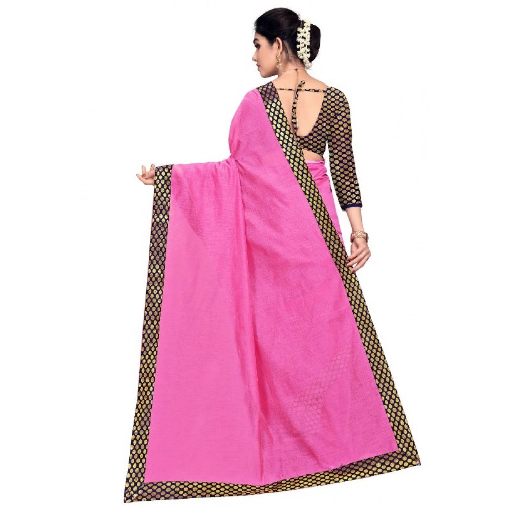 Generic Women's Chanderi Cotton Lace Border Saree With Blouse (Pink, 5-6 Mtrs) Secondary image