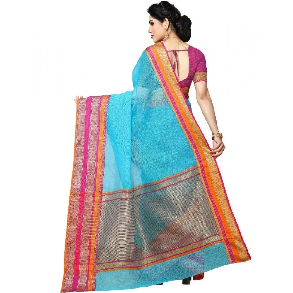 Generic Women's Kota Doria Cotton Border Saree With Blouse (Sky Blue, 5-6 Mtrs) Secondary image