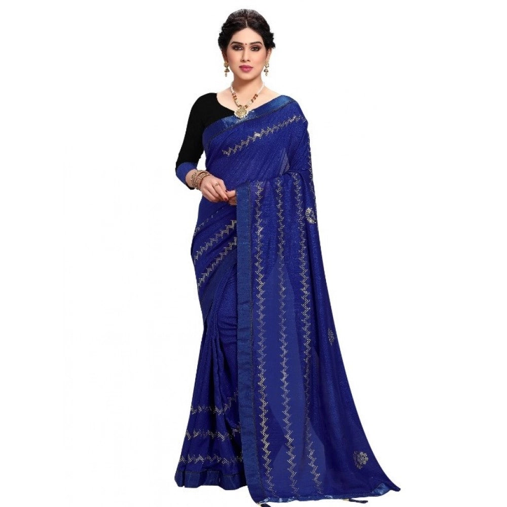 Generic Women's Vichitra Silk HotFix Stone Work Saree With Blouse (Blue, 5-6 Mtrs) Main image