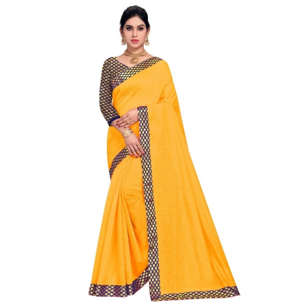 Generic Women's Chanderi Cotton Lace Border Saree With Blouse (Gold, 5-6 Mtrs) Main image