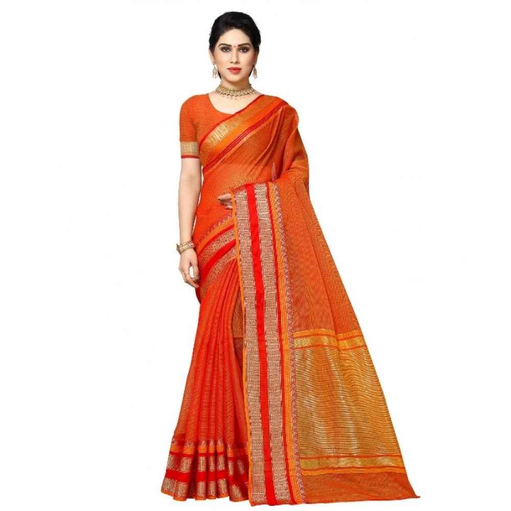 Generic Women's Kota Doria Cotton Border Saree With Blouse (Orange, 5-6 Mtrs) Main image