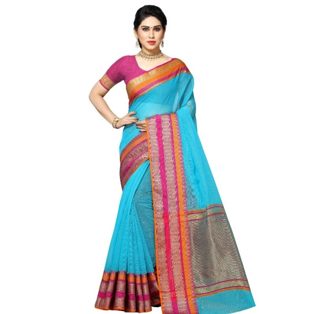 Generic Women's Kota Doria Cotton Border Saree With Blouse (Sky Blue, 5-6 Mtrs) Main image