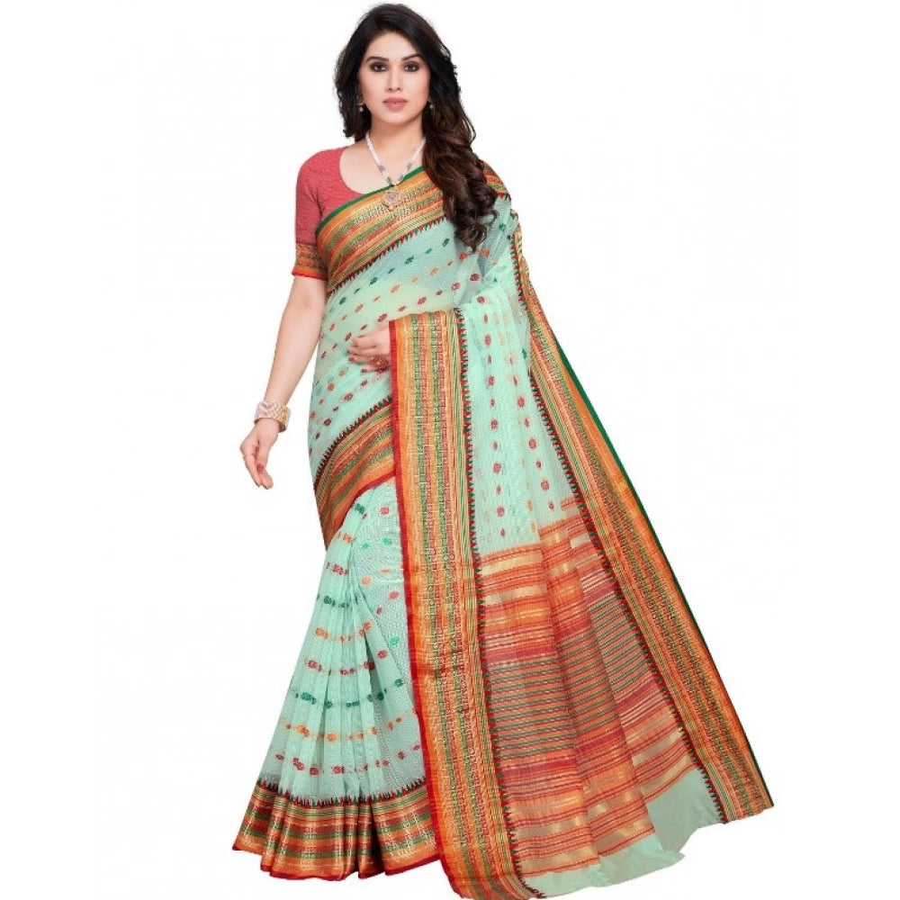Generic Women's Kota Doria Cotton Woven Butta Saree With Blouse (Pista, 5-6 Mtrs) Main image