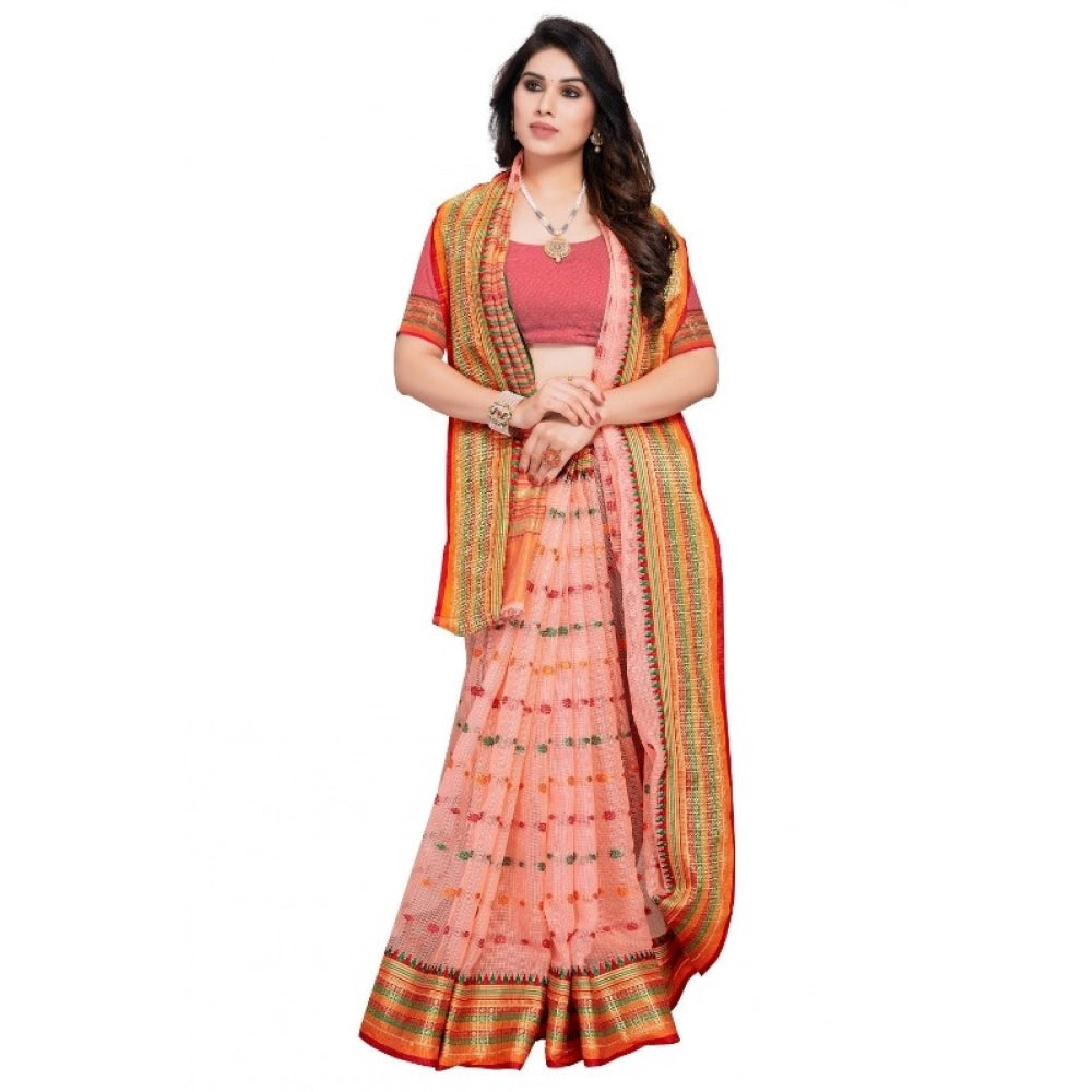Generic Women's Kota Doria Cotton Woven Butta Saree With Blouse (Peach, 5-6 Mtrs) Secondary image