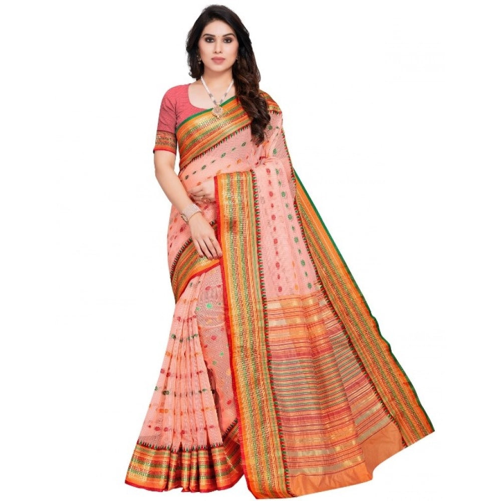 Generic Women's Kota Doria Cotton Woven Butta Saree With Blouse (Peach, 5-6 Mtrs) Main image
