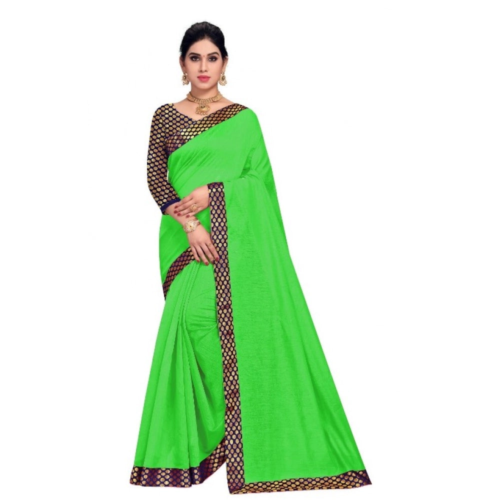 Generic Women's Chanderi Cotton Lace Border Saree With Blouse (Green, 5-6 Mtrs) Main image