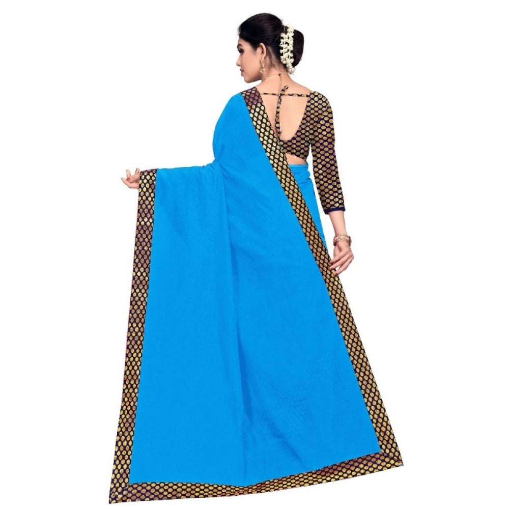 Generic Women's Chanderi Cotton Lace Border Saree With Blouse (Sky Blue, 5-6 Mtrs) Secondary image