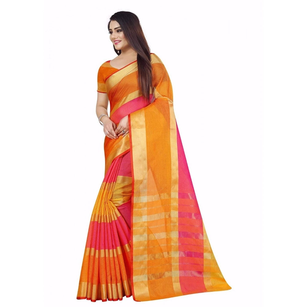 Generic Women's Kota Doria Cotton Plain Saree With Blouse (Multicolor, 5-6 Mtrs) Secondary image