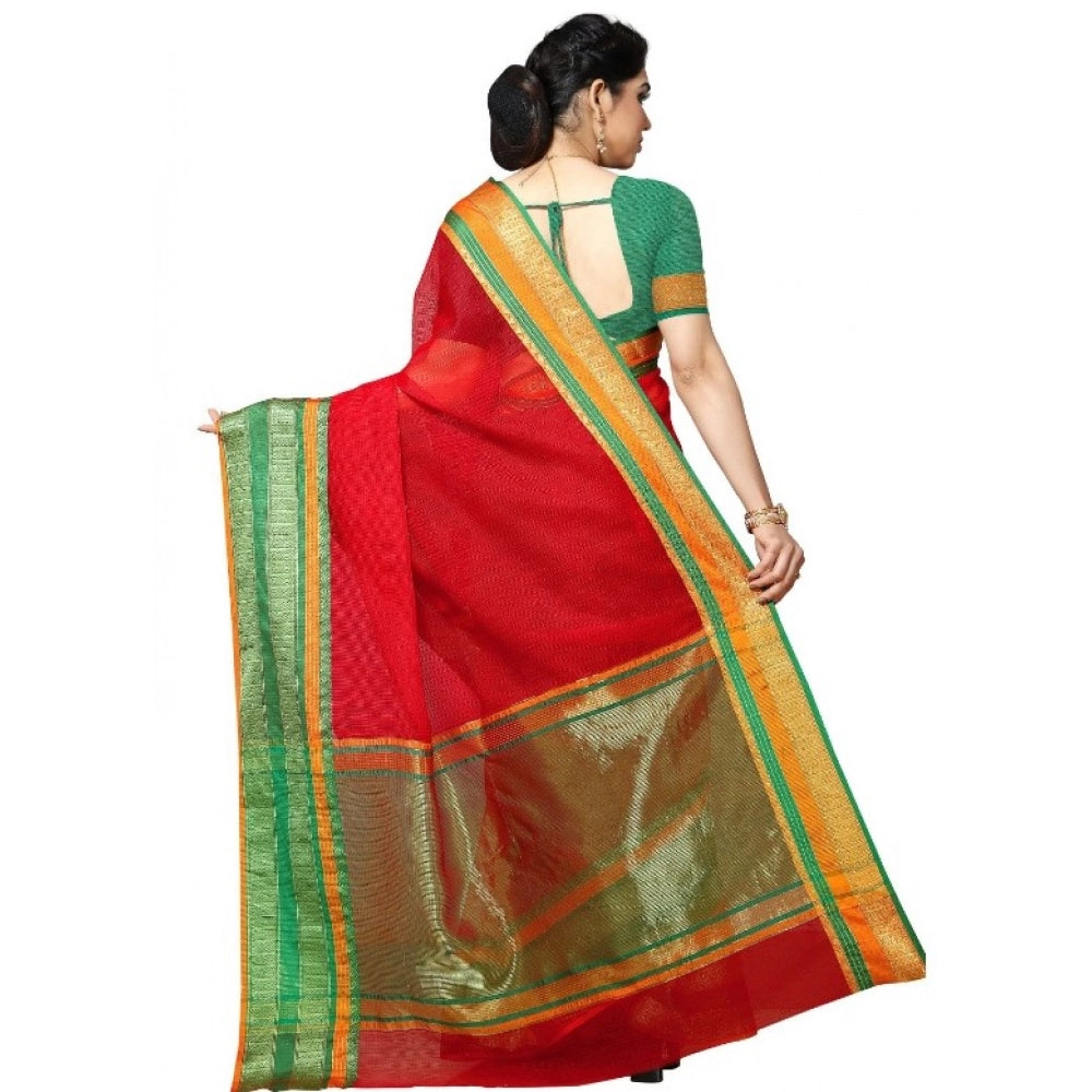 Generic Women's Kota Doria Cotton Border Saree With Blouse (Red, 5-6 Mtrs) Secondary image