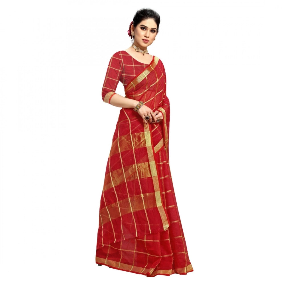 Generic Women's Kota Doria Cotton Checked Saree With Blouse (Red, 5-6 Mtrs) Secondary image