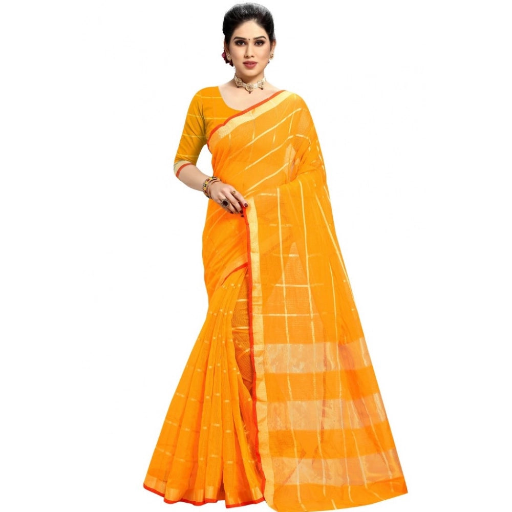 Generic Women's Kota Doria Cotton Checked Saree With Blouse (Yellow, 5-6 Mtrs) Main image