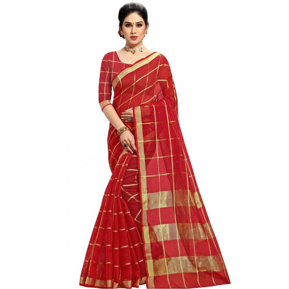 Generic Women's Kota Doria Cotton Checked Saree With Blouse (Red, 5-6 Mtrs) Main image