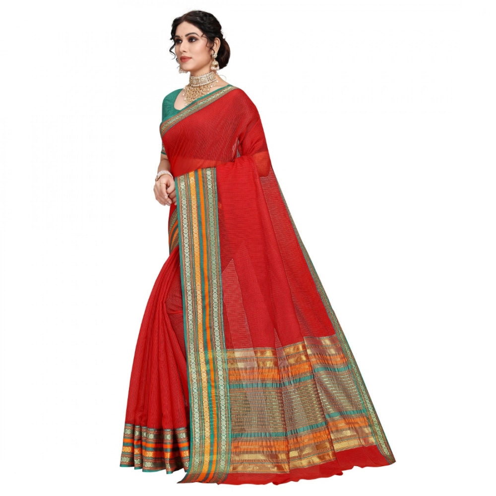 Generic Women's Kota Doria Cotton Bordered Saree With Blouse (Red, 5-6 Mtrs) Secondary image