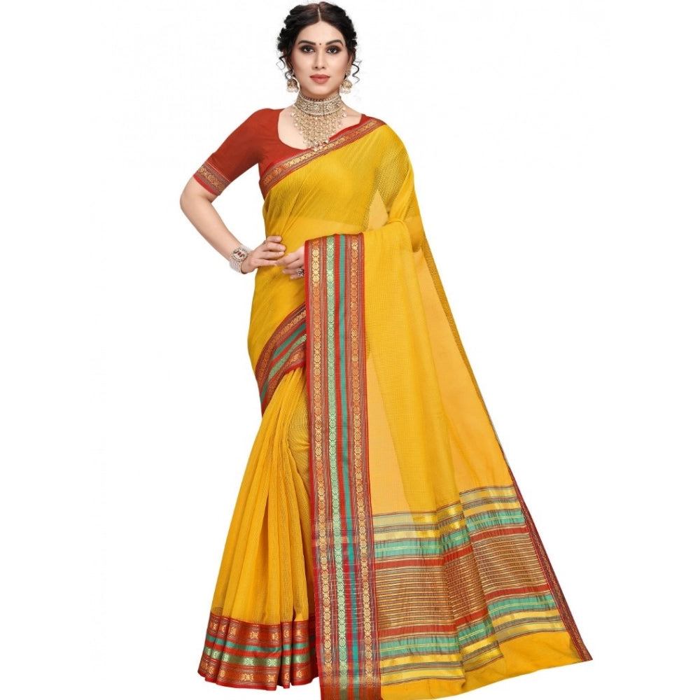 Generic Women's Kota Doria Cotton Bordered Saree With Blouse (Yellow, 5-6 Mtrs) Main image