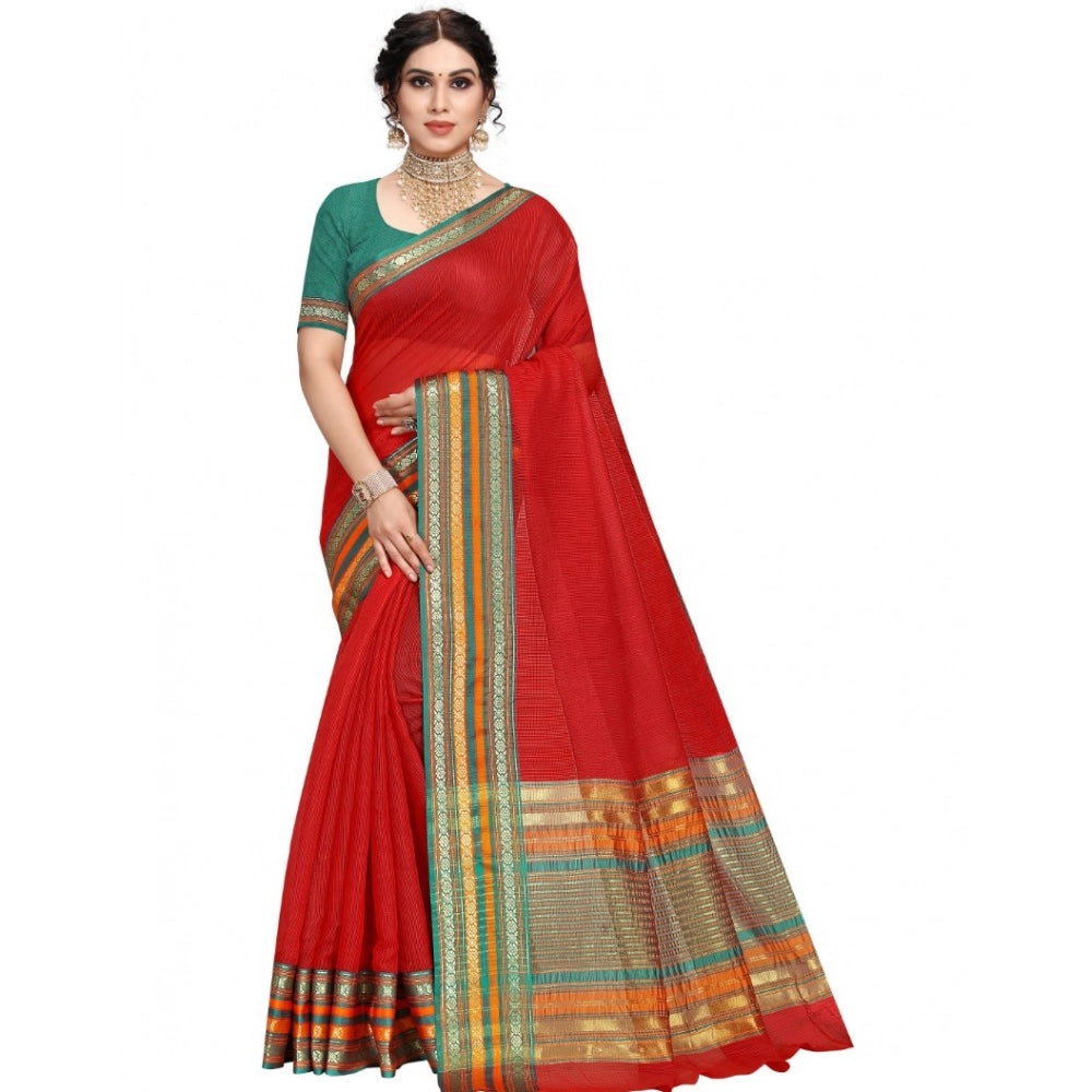 Generic Women's Kota Doria Cotton Bordered Saree With Blouse (Red, 5-6 Mtrs) Main image