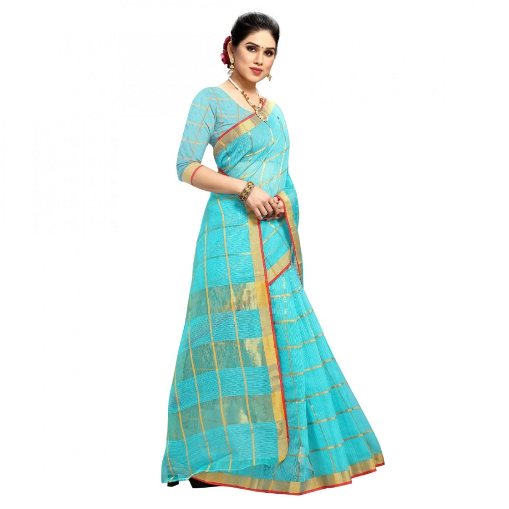 Generic Women's Kota Doria Cotton Checked Saree With Blouse (Sky Blue, 5-6 Mtrs) Secondary image
