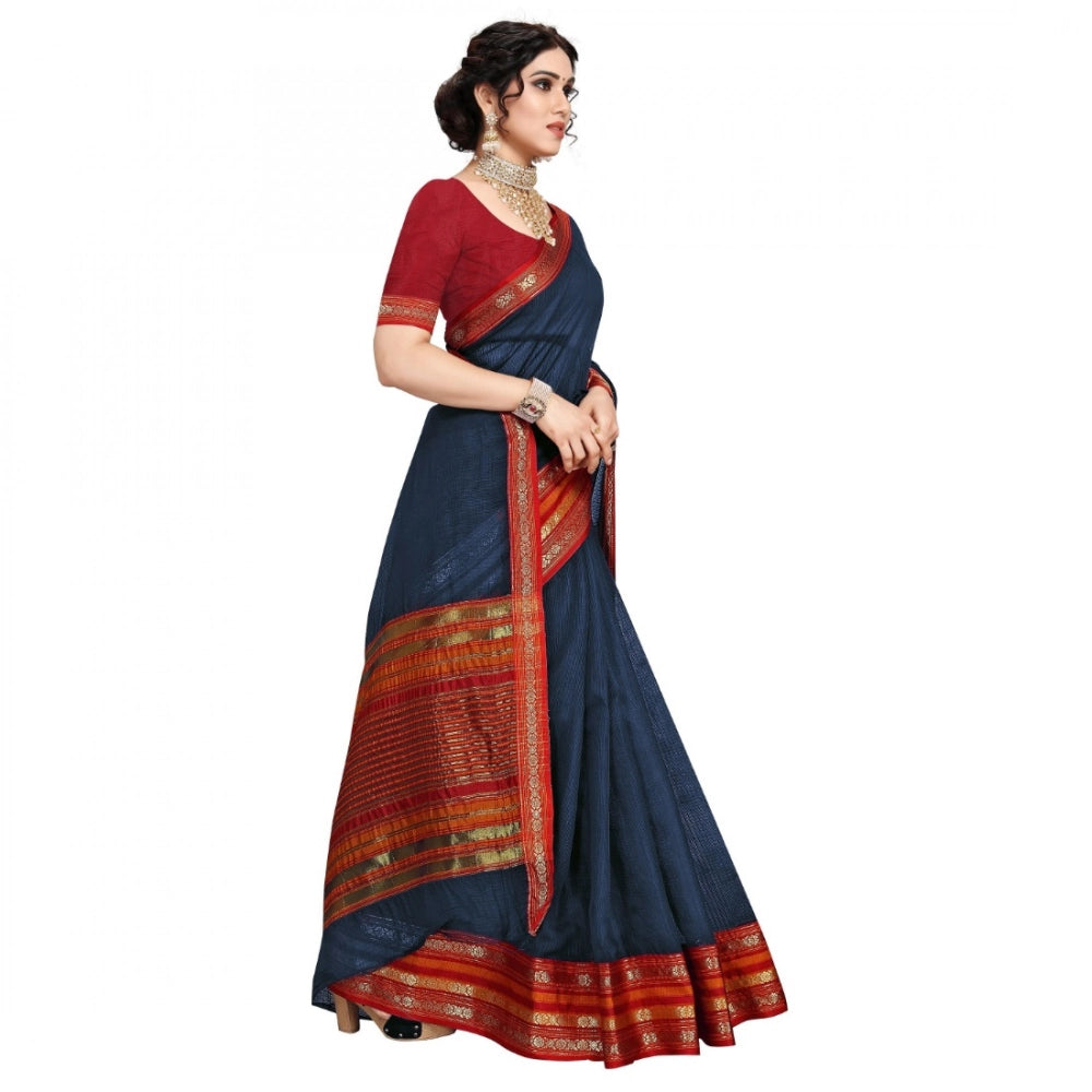Generic Women's Kota Doria Cotton Bordered Saree With Blouse (Navy Blue, 5-6 Mtrs) Secondary image