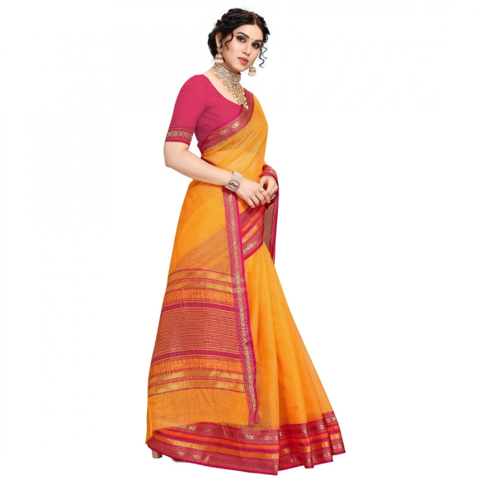 Generic Women's Kota Doria Cotton Bordered Saree With Blouse (Gold, 5-6 Mtrs) Secondary image