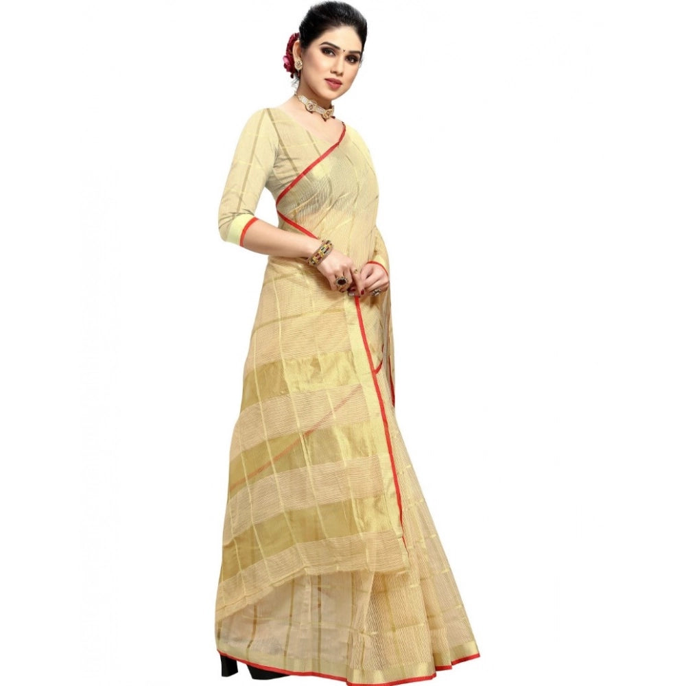 Generic Women's Kota Doria Cotton Checked Saree With Blouse (Beige, 5-6 Mtrs) Secondary image