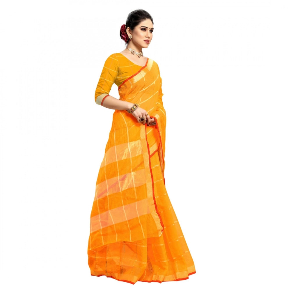 Generic Women's Kota Doria Cotton Checked Saree With Blouse (Yellow, 5-6 Mtrs) Secondary image