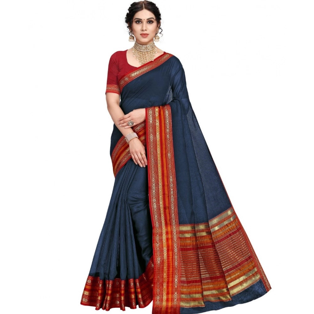 Generic Women's Kota Doria Cotton Bordered Saree With Blouse (Navy Blue, 5-6 Mtrs) Main image