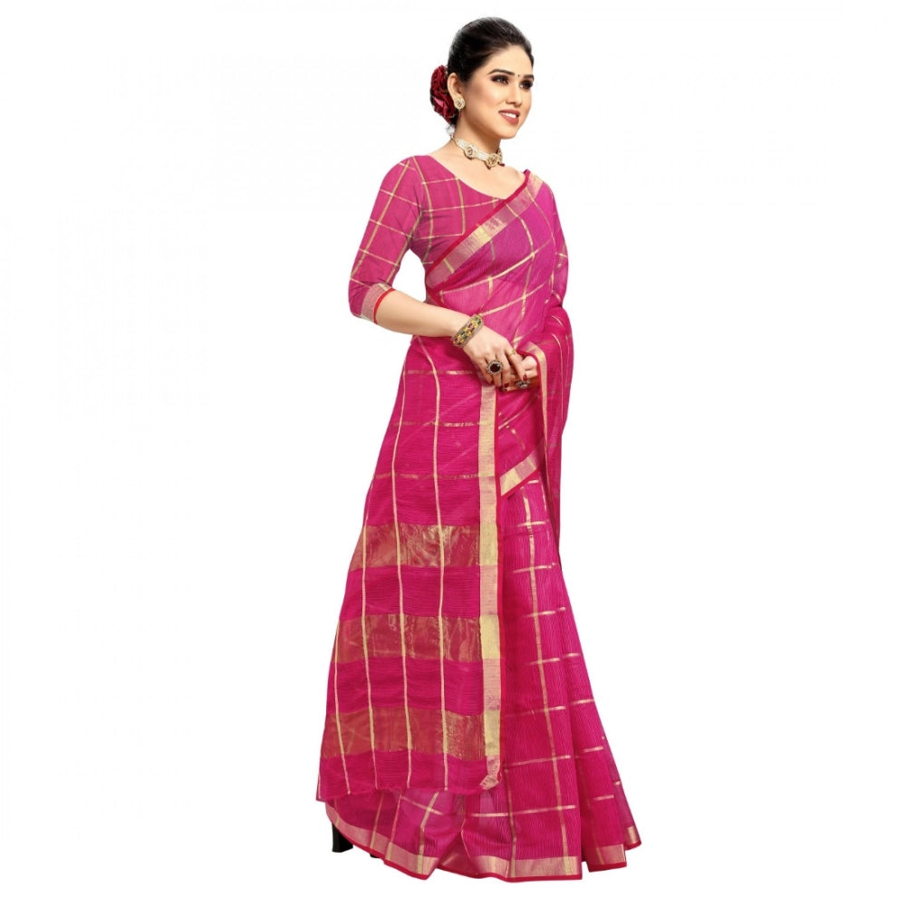Generic Women's Kota Doria Cotton Checked Saree With Blouse (Rani, 5-6 Mtrs) Secondary image