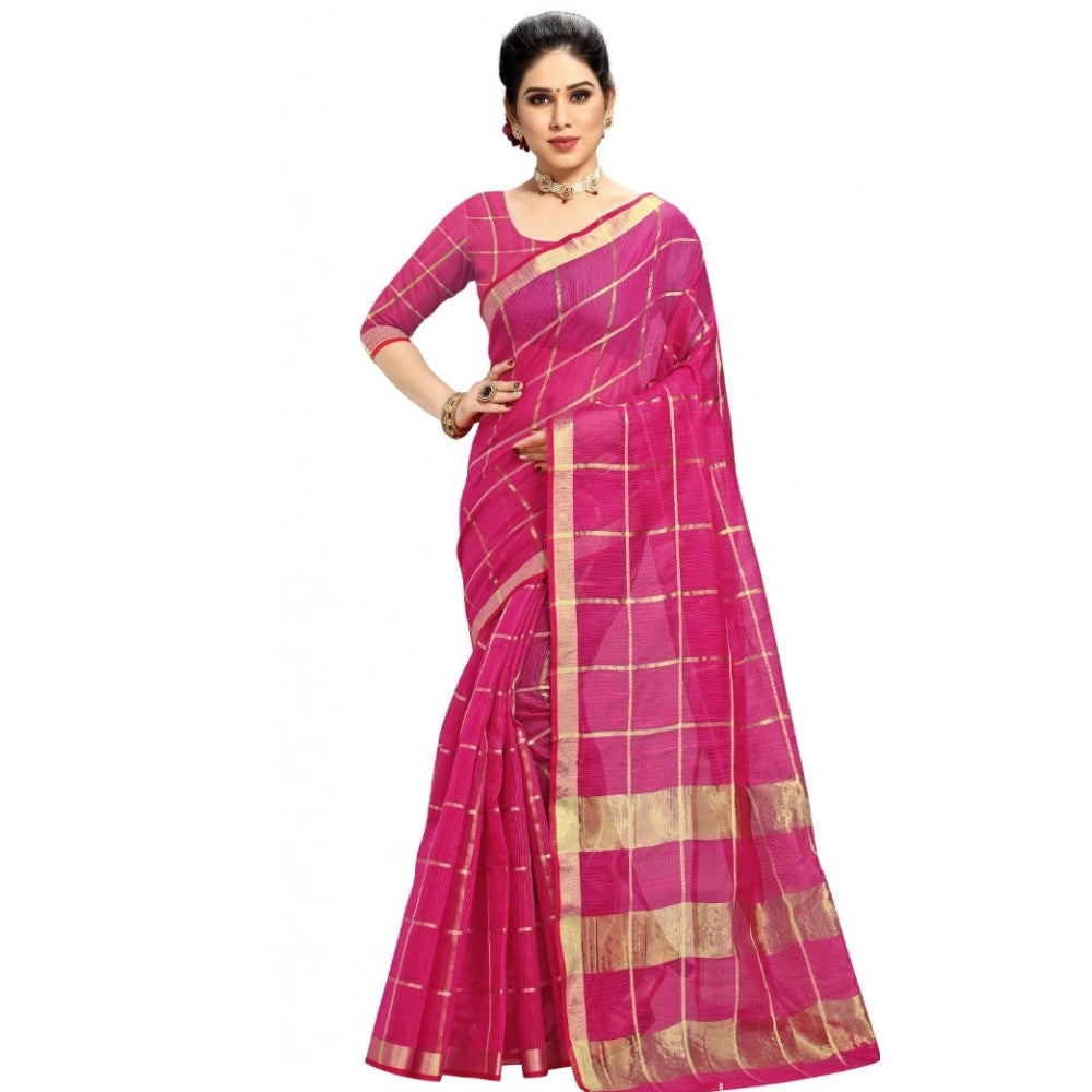 Generic Women's Kota Doria Cotton Checked Saree With Blouse (Rani, 5-6 Mtrs) Main image