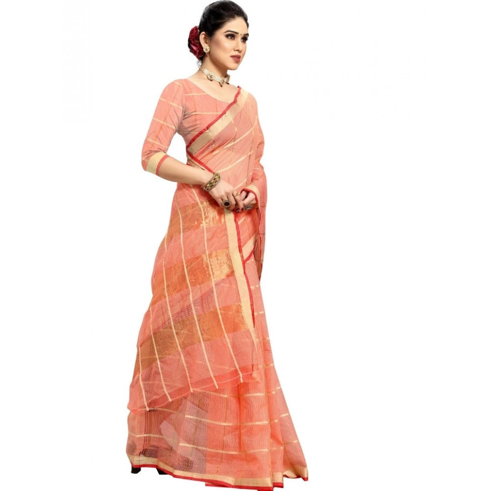 Generic Women's Kota Doria Cotton Checked Saree With Blouse (Peach, 5-6 Mtrs) Secondary image