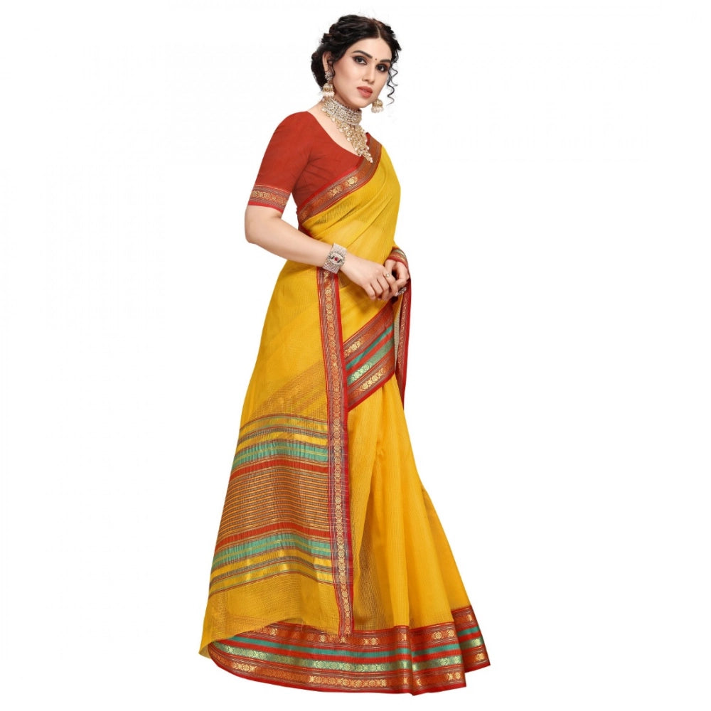 Generic Women's Kota Doria Cotton Bordered Saree With Blouse (Yellow, 5-6 Mtrs) Secondary image