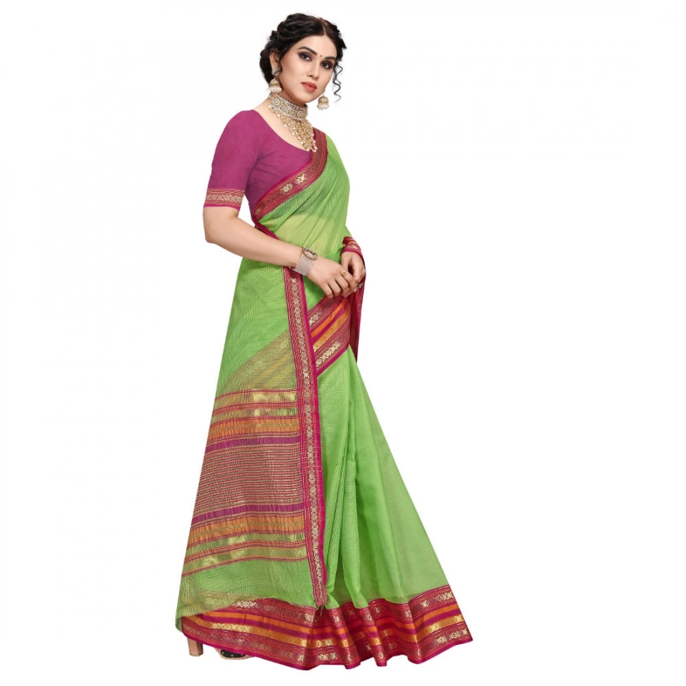 Generic Women's Kota Doria Cotton Bordered Saree With Blouse (Light Green, 5-6 Mtrs) Secondary image