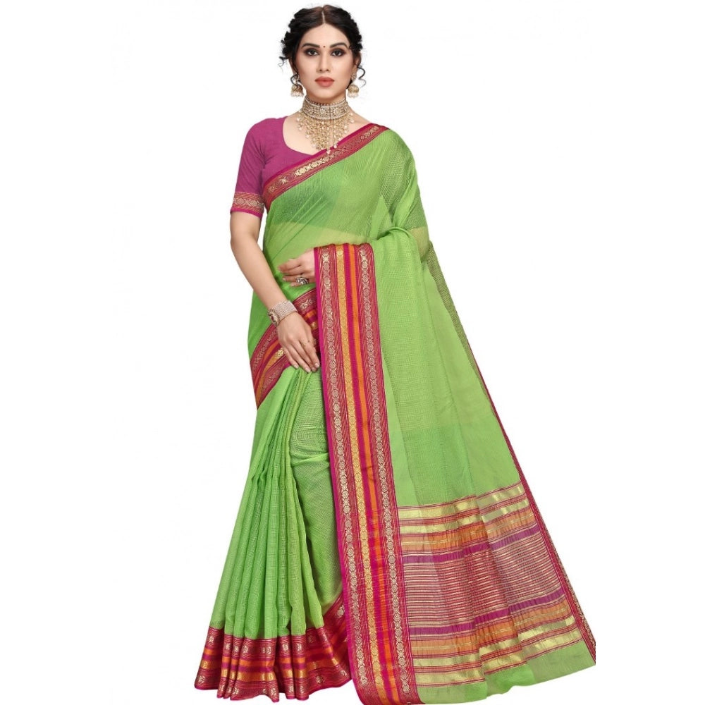Generic Women's Kota Doria Cotton Bordered Saree With Blouse (Light Green, 5-6 Mtrs) Main image