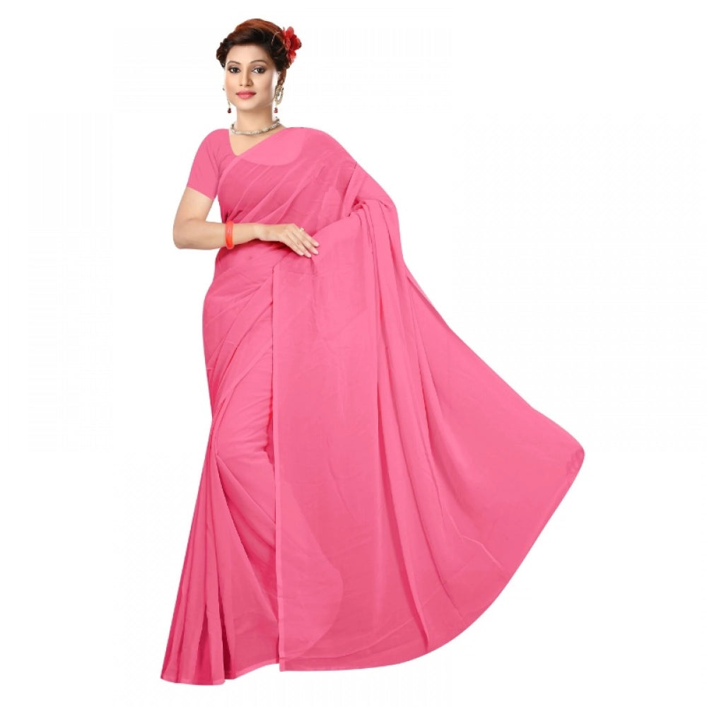 Generic Women's Georgette Plain Saree With Blouse (Pink, 5-6 Mtrs) Main image