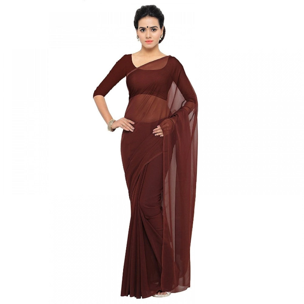 Generic Women's Georgette Plain Saree With Blouse (Coffee, 5-6 Mtrs) Main image