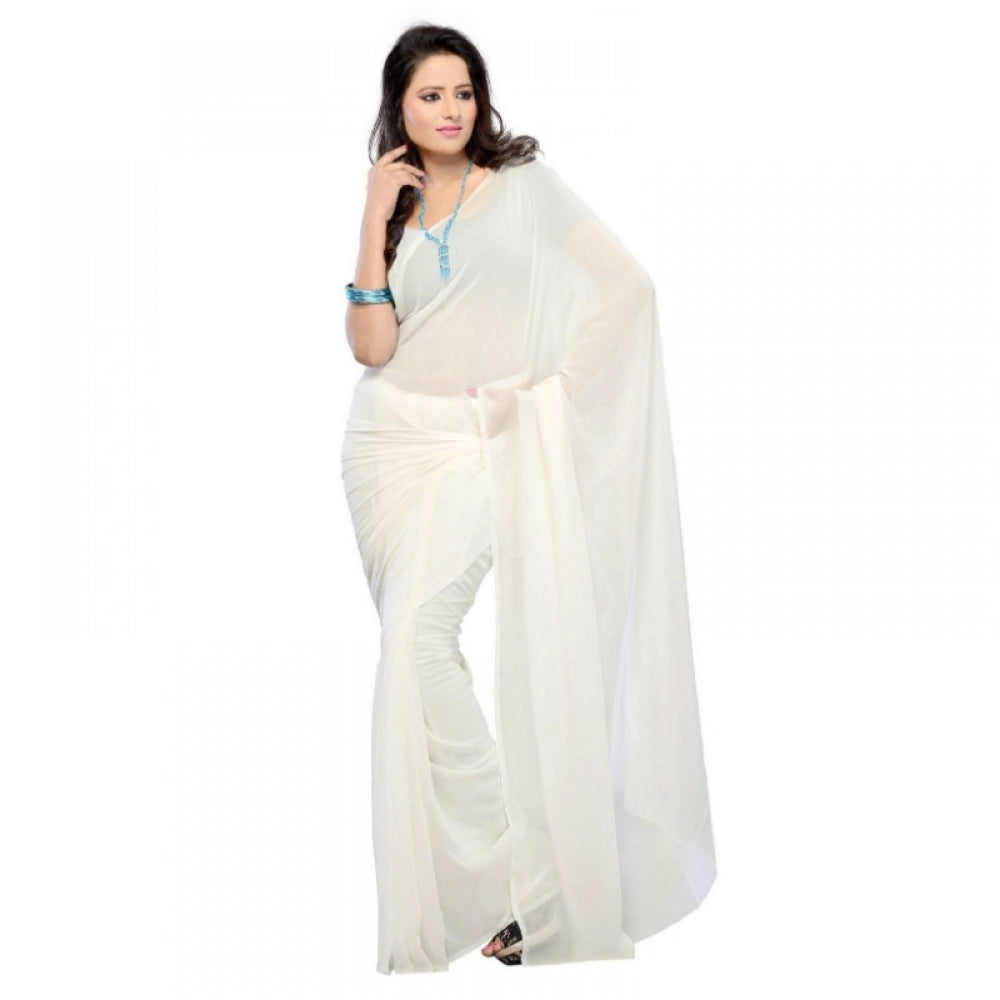 Generic Women's Georgette Plain Saree With Blouse (white, 5-6 Mtrs) Main image