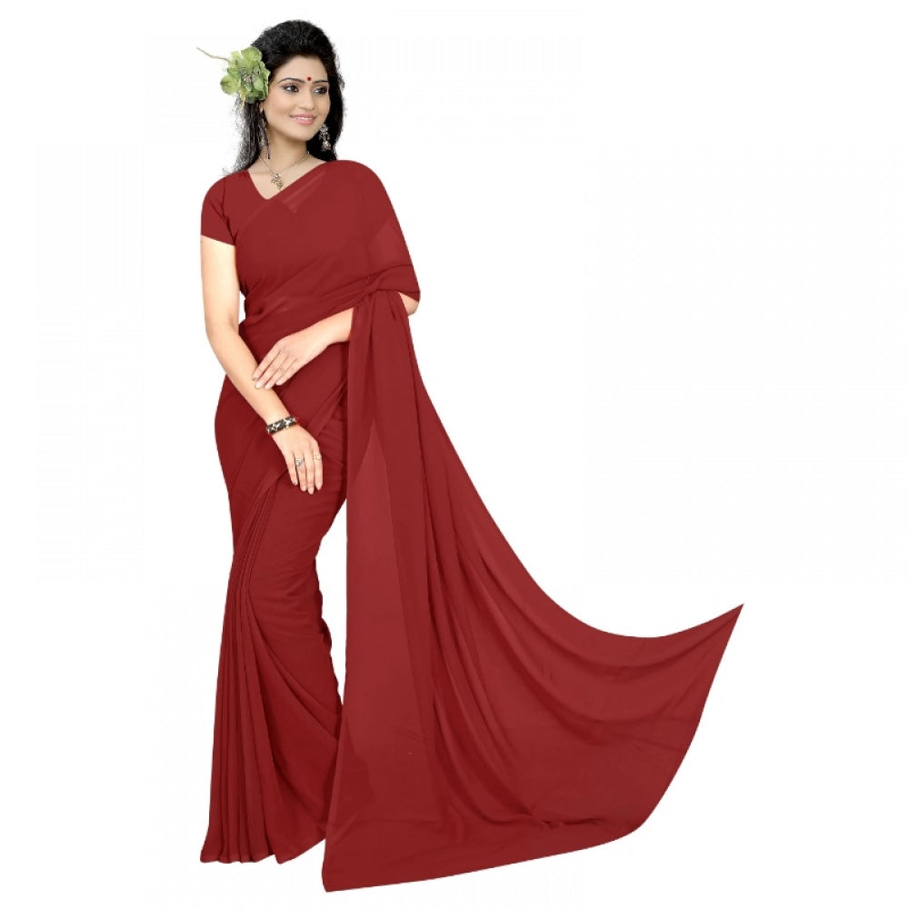 Generic Women's Georgette Plain Saree With Blouse (Maroon, 5-6 Mtrs) Main image