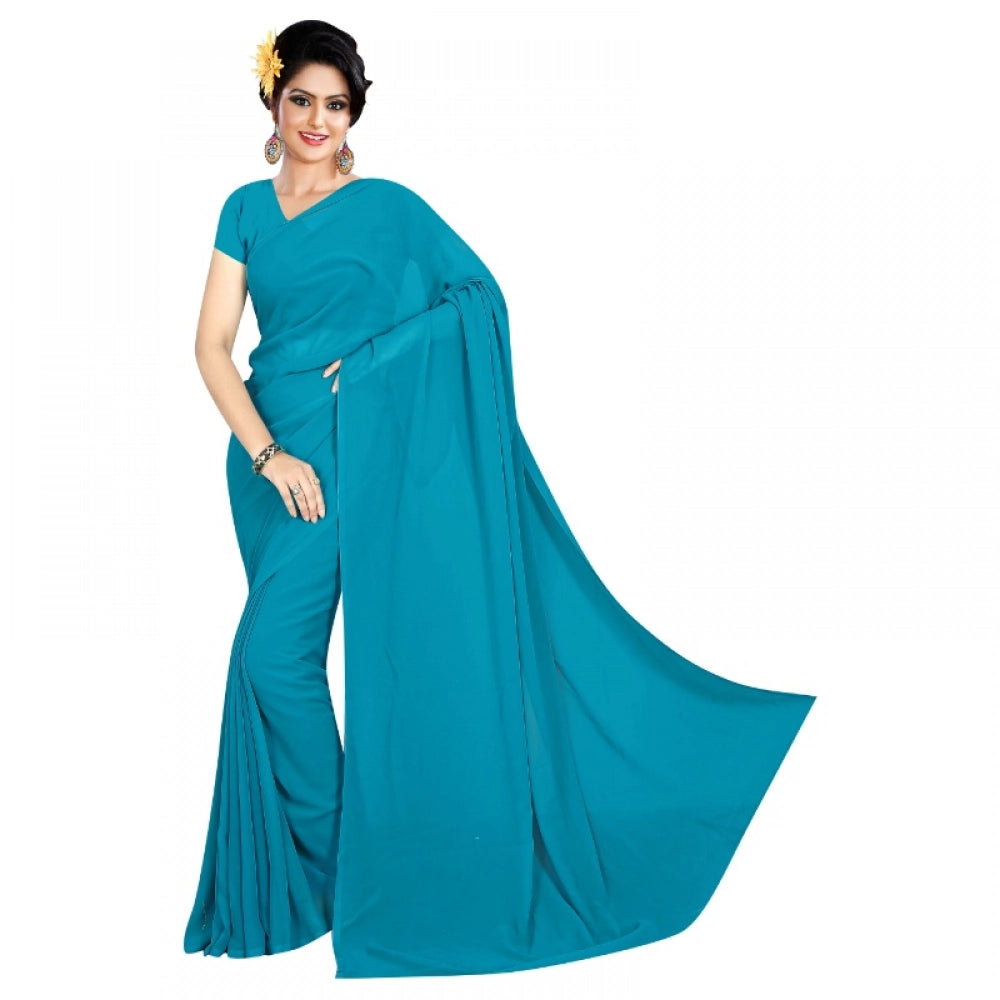 Generic Women's Georgette Plain Saree With Blouse (Dark Firozi, 5-6 Mtrs) Main image