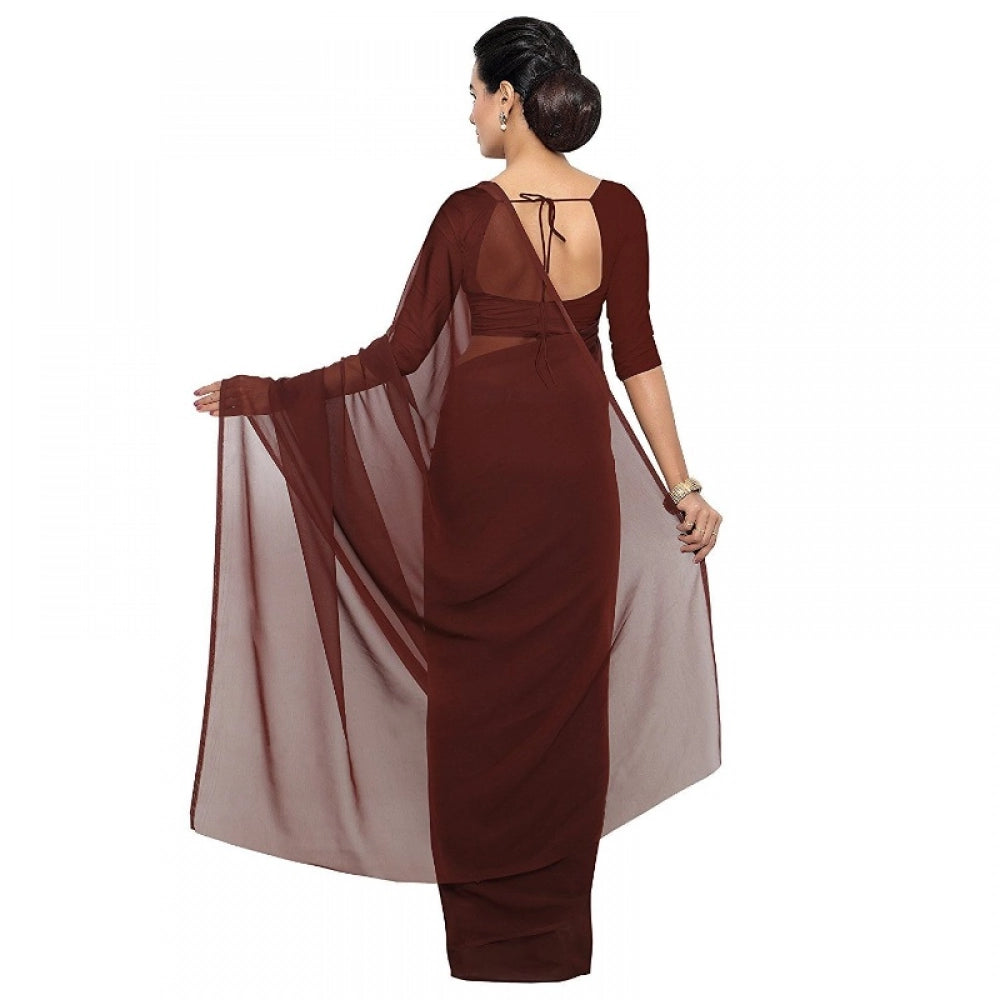 Generic Women's Georgette Plain Saree With Blouse (Coffee, 5-6 Mtrs) Secondary image