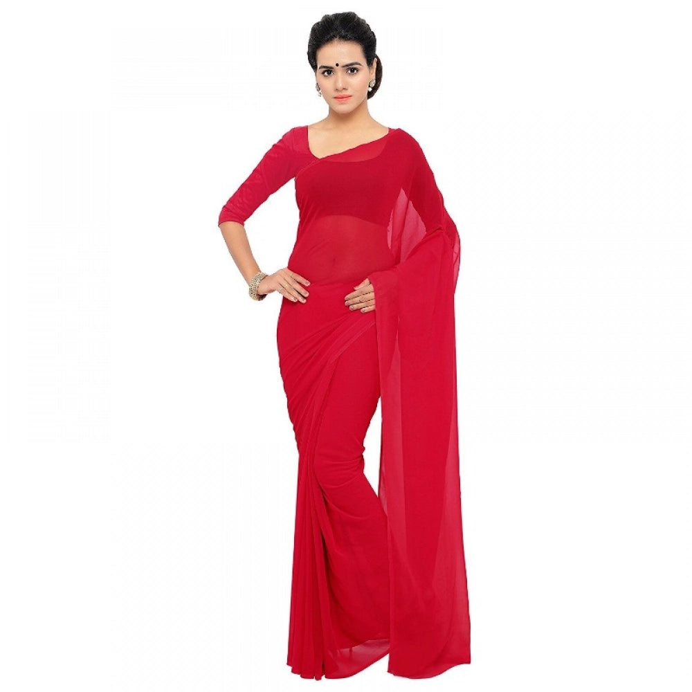 Generic Women's Georgette Plain Saree With Blouse (Red, 5-6 Mtrs) Main image