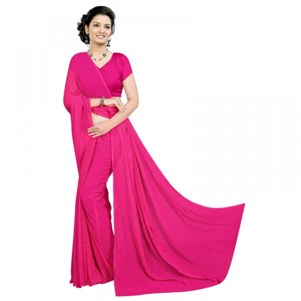 Generic Women's Georgette Plain Saree With Blouse (Pink, 5-6 Mtrs) Main image