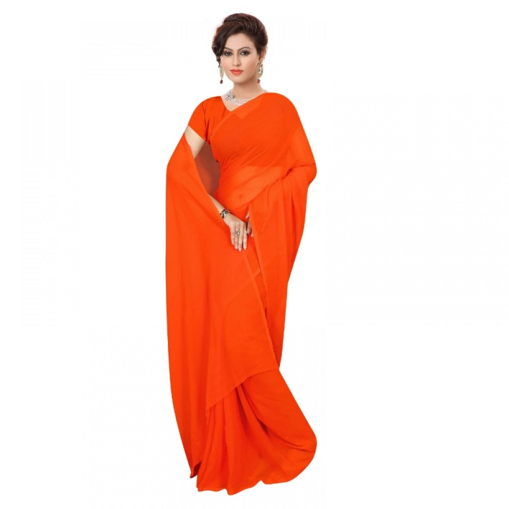 Generic Women's Georgette Plain Saree With Blouse (Orange, 5-6 Mtrs) Main image