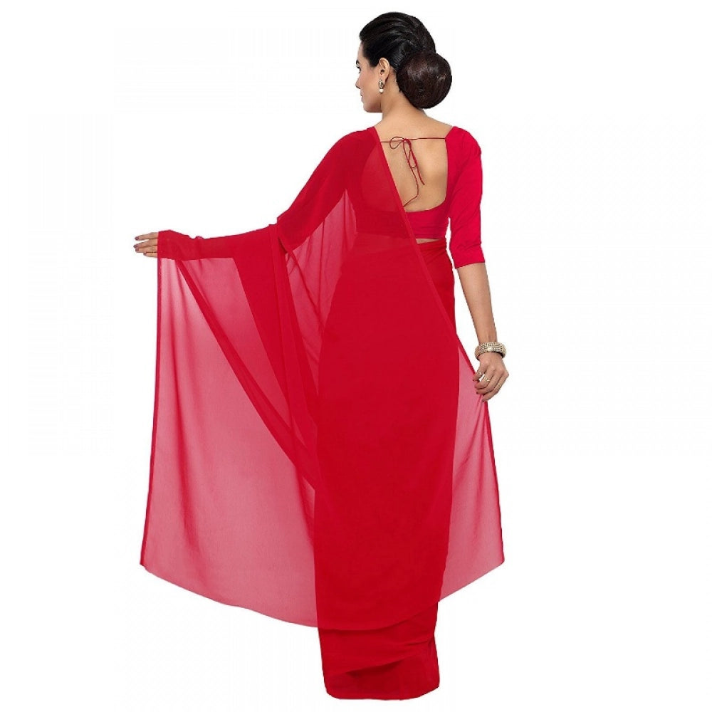 Generic Women's Georgette Plain Saree With Blouse (Red, 5-6 Mtrs) Secondary image