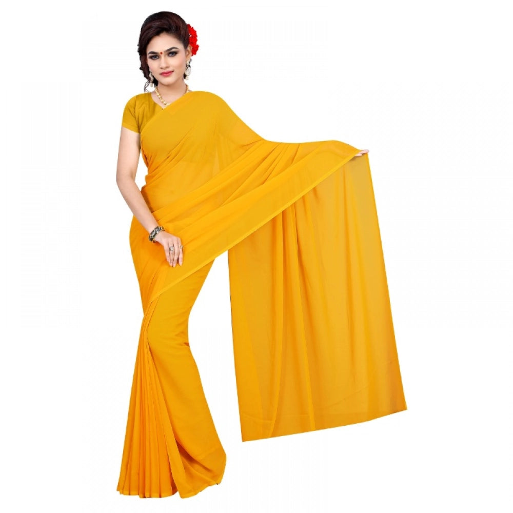 Generic Women's Georgette Plain Saree With Blouse (Gold, 5-6 Mtrs) Main image