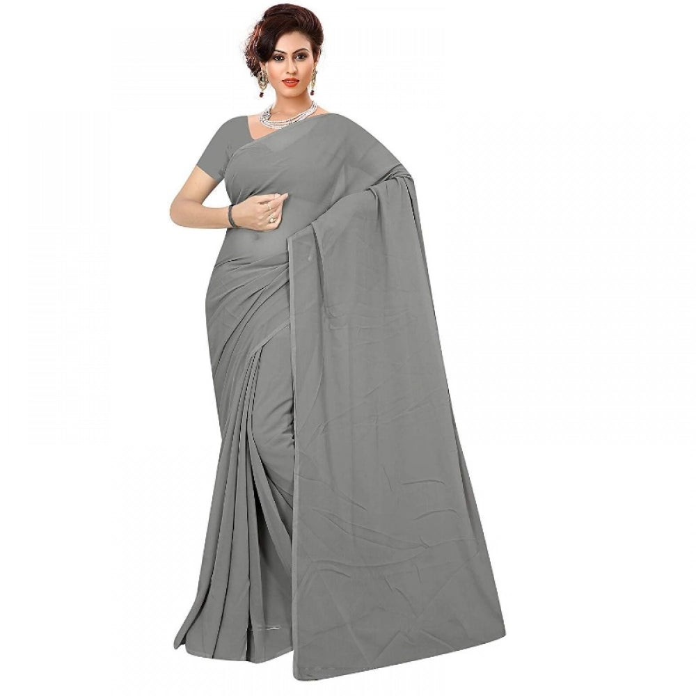 Generic Women's Georgette Plain Saree With Blouse (Grey, 5-6 Mtrs) Main image