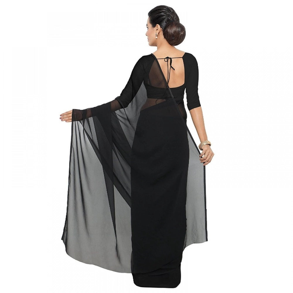 Generic Women's Georgette Plain Saree With Blouse (Black, 5-6 Mtrs) Secondary image