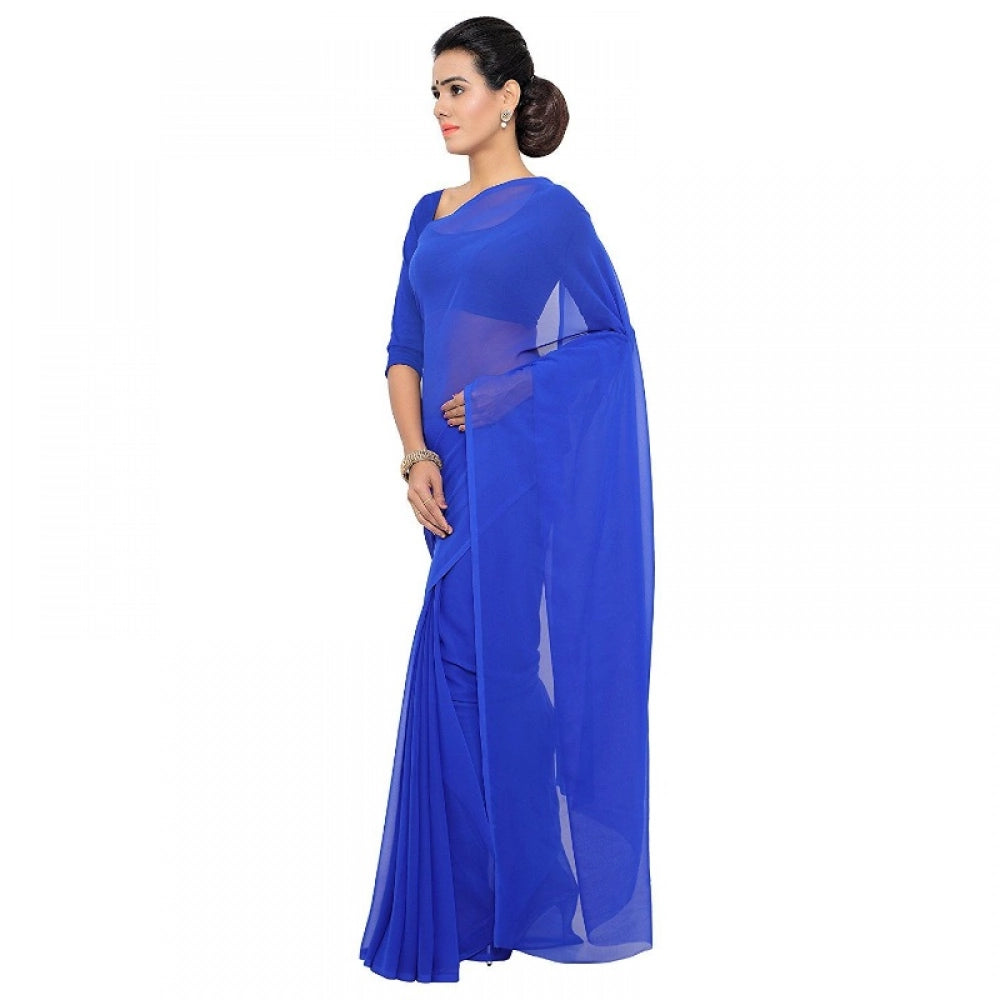 Generic Women's Georgette Plain Saree With Blouse (Royal Blue, 5-6 Mtrs) Secondary image