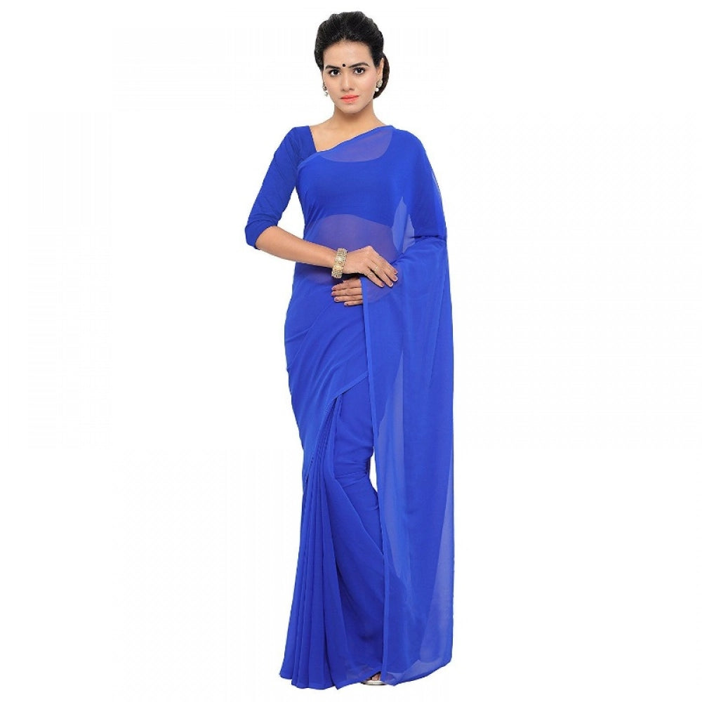 Generic Women's Georgette Plain Saree With Blouse (Royal Blue, 5-6 Mtrs) Main image