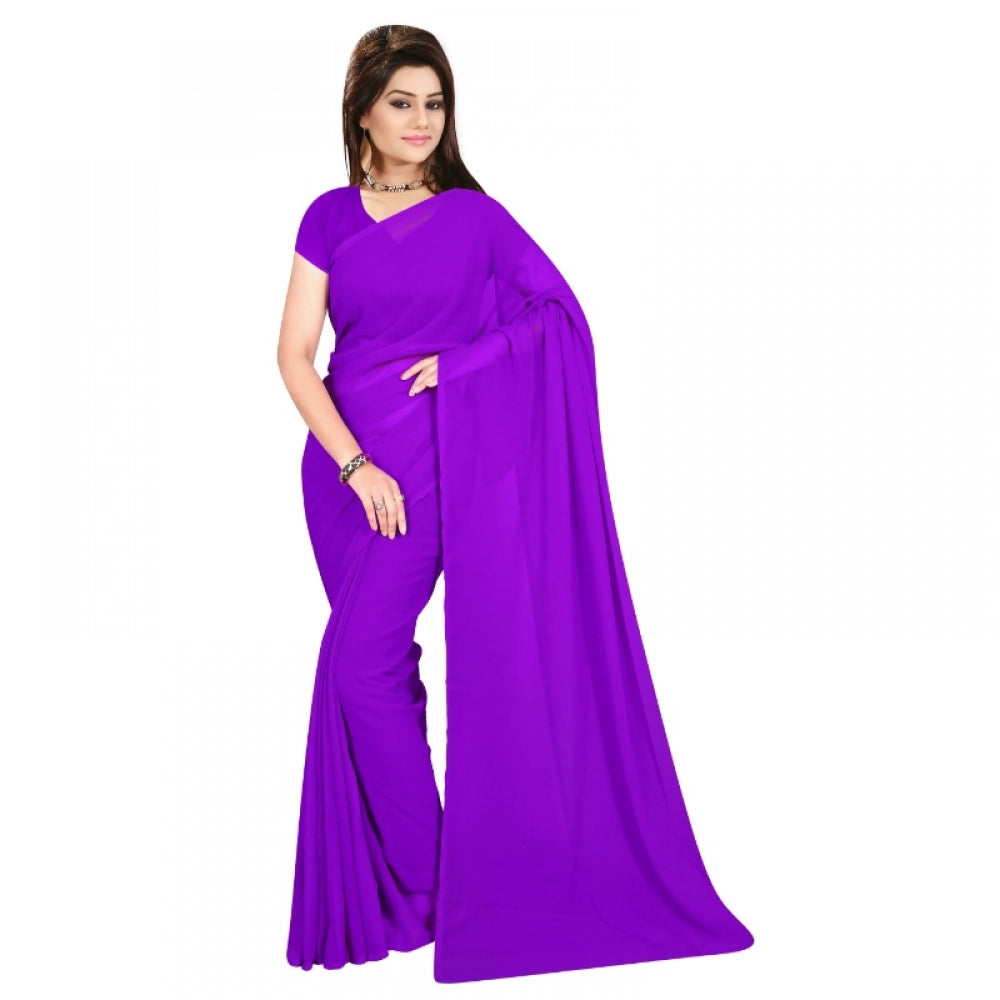 Generic Women's Georgette Plain Saree With Blouse (Purple, 5-6 Mtrs) Main image