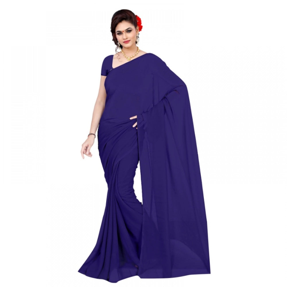 Generic Women's Georgette Plain Saree With Blouse (Navy Blue, 5-6 Mtrs) Main image